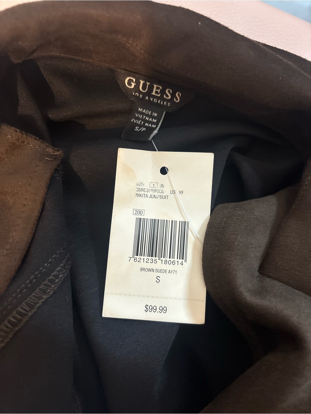 Guess Brown Suede Short-Sleeve Belted Jumpsuit - Picture 7 of 7